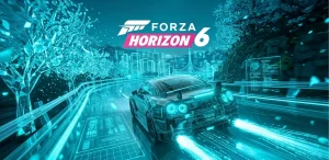 Концепт-арт Forza Horizon 6 у стилі гласшморфізм з неоновими елементами Токіо
