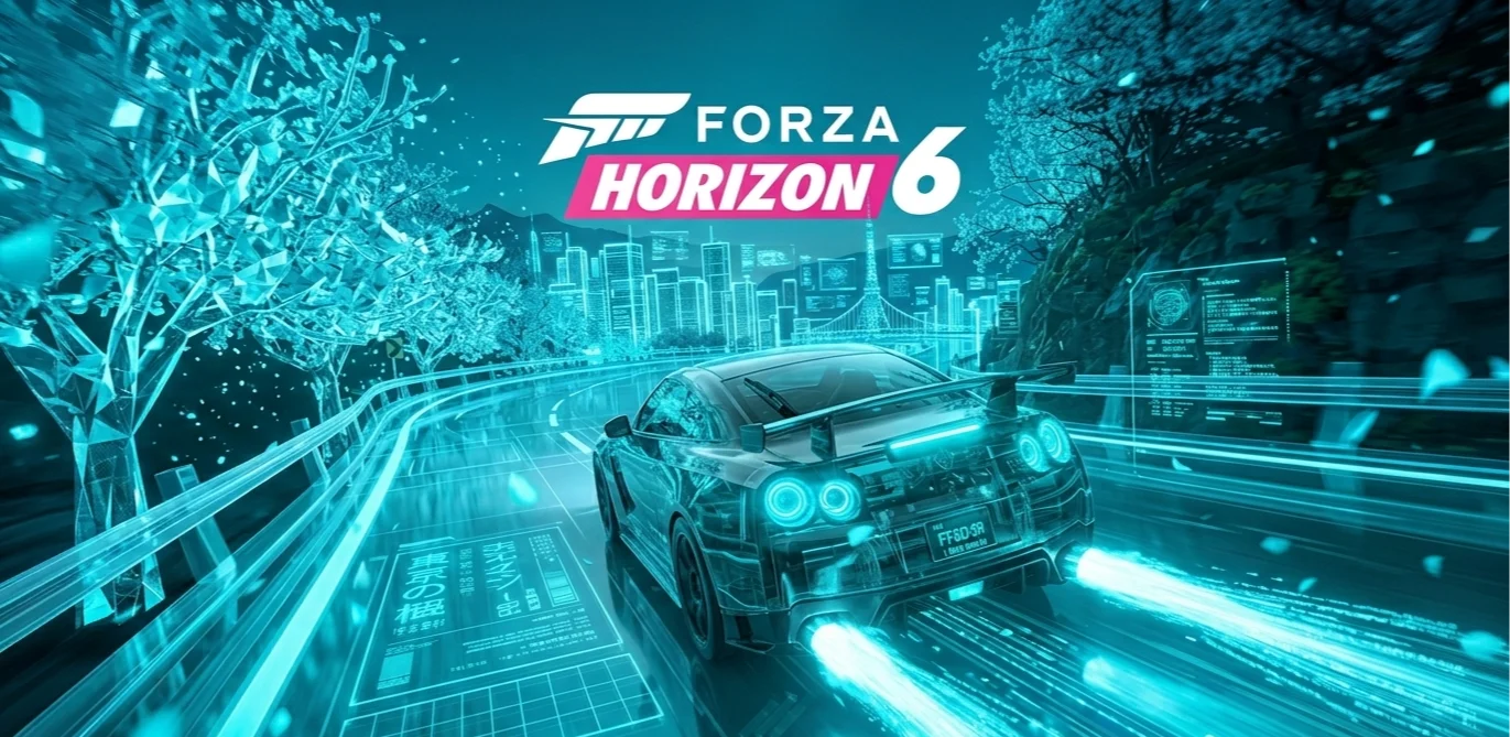 Концепт-арт Forza Horizon 6 у стилі гласшморфізм з неоновими елементами Токіо