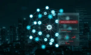 Візуалізація кібербезпеки штучного інтелекту з критичною помилкою у мережі вузлів ШІ