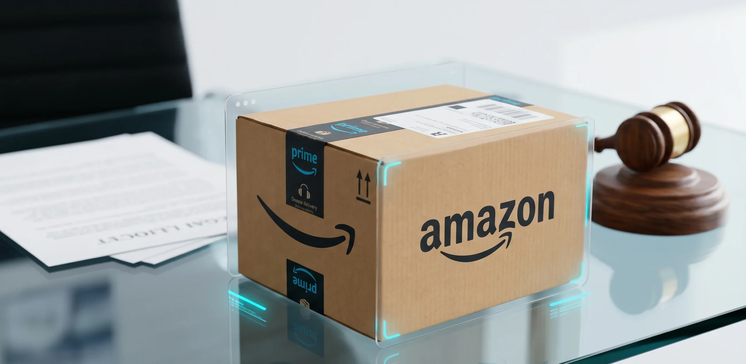 Коробка доставки Amazon на скляному столі поруч із суддівським молотком як символ колективного позову