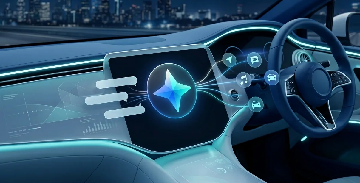 Інтерфейс Google Gemini на екрані автомобільної мультимедійної системи Android Auto