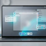 Stylized image of Android interface on a modern laptop screen in glassmorphism style