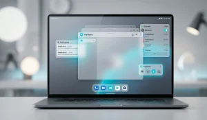 Стилізоване зображення інтерфейсу Android на екрані сучасного ноутбука у стилі глассморфізм