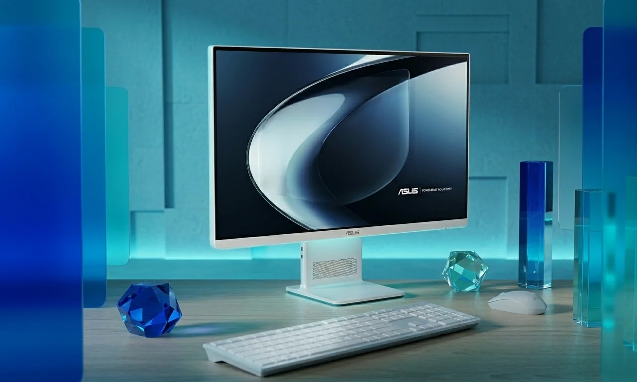 Настільний моноблок комп'ютер все в одному ASUS VM441 білого кольору на алюмінієвій підставці