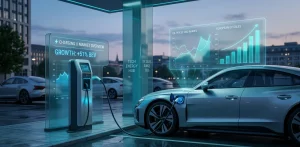 Современная зарядная станция для электромобилей в Европе с графиками роста рынка на стеклянных панелях