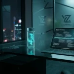 Офісний стіл із флаконом отрути та планшетом із графіком проекту Проблема трьох тіл