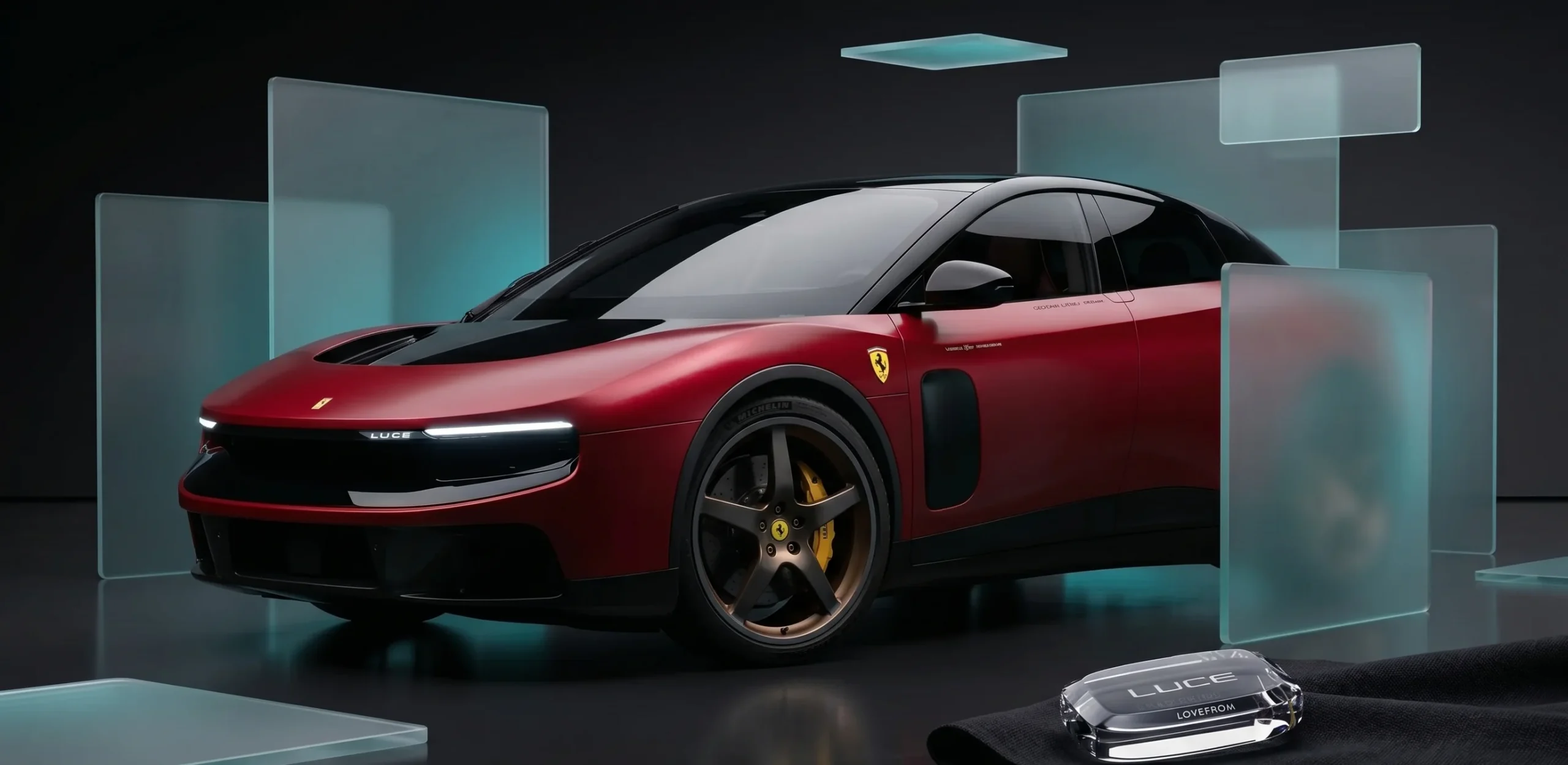 Мінімалістичний інтер'єр та панель управління електромобіля Ferrari Luce з елементами скломорфізму