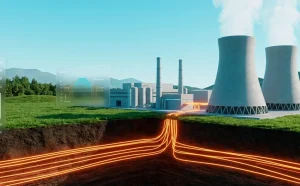 Futuristic geothermal power plant layout showing subterranean heat lines in Glassmorphic design