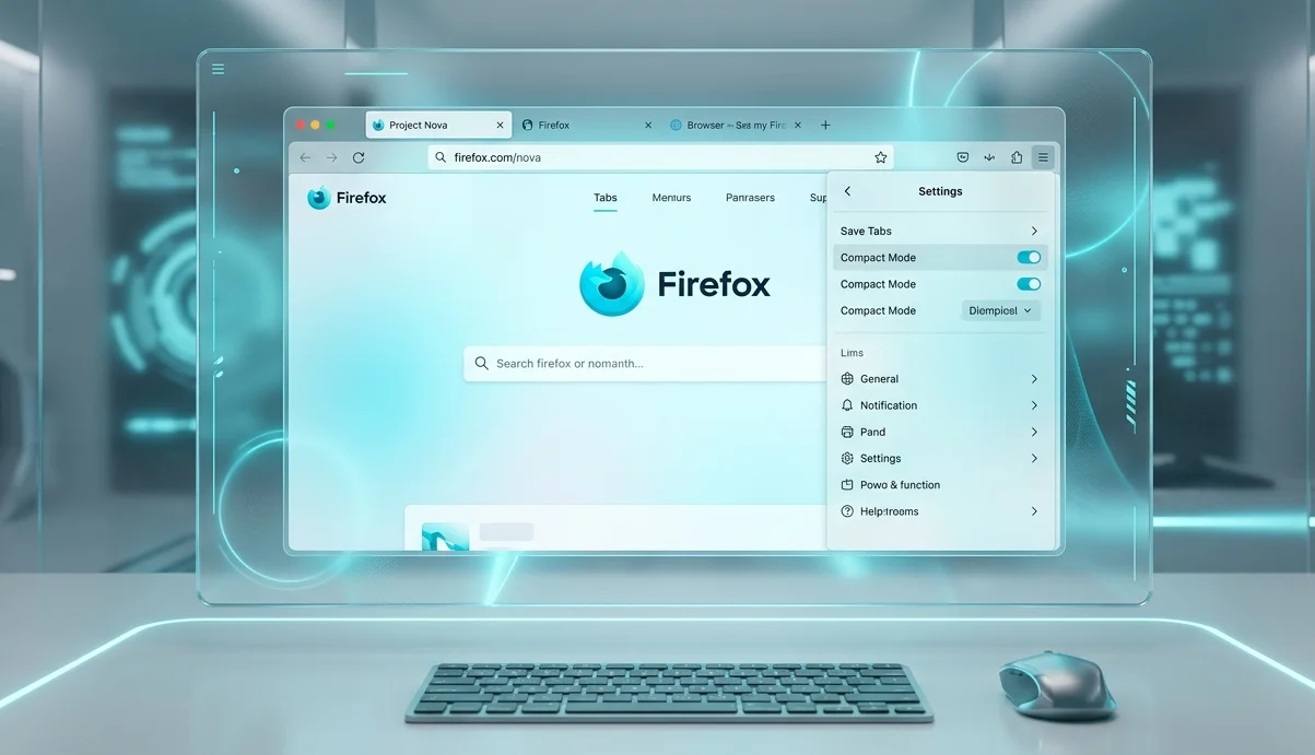 Інтерфейс браузера Firefox з увімкненим компактним режимом у стилі гласморфізм