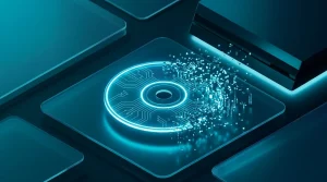 A futuristic optical disc with circuit traces dissolving into digital particles next to a gaming console