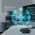 Робоче місце розробника з голографічним логотипом Gemini та інтерфейсом ШІ-моделі для аналізу даних і програмування