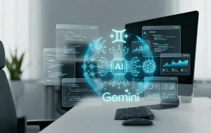 Робоче місце розробника з голографічним логотипом Gemini та інтерфейсом ШІ-моделі для аналізу даних і програмування
