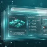 Інтерактивний концепт оновленого пошукового інтерфейсу Google з ШІ-агентами та динамічними віджетами в стилі гласморфізму