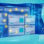Google News logo against EU flag, ranking compliance strategy 2026