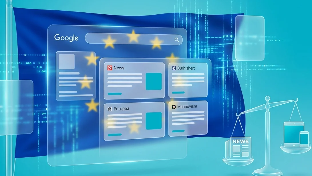 Логотип Google News на фоні прапора ЄС, стратегія ранжування 2026