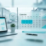 Мінімалістичний офісний стіл із цифровим календарем у стилі гласморфізм, що демонструє переваги чотириденного робочого тижня