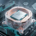 Процесор Intel Core i9 на материнській платі під товстим шаром інею під час екстремального розгону