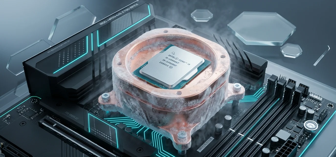 Процесор Intel Core i9 на материнській платі під товстим шаром інею під час екстремального розгону