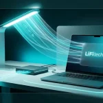Мінімалістичне футуристичне робоче місце з демонстрацією концепції оптичного інтернету LiFi та потоків світлових даних у стилі гласморфізму