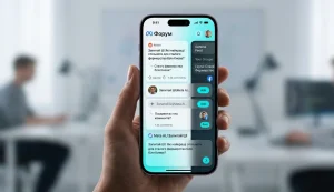 Интерфейс мобильного приложения Meta Forum в стиле Glassmorphism с текстовыми ветками обсуждений и элементами искусственного интеллекта