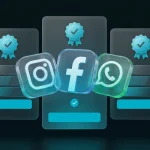 Графічне представлення рівнів підписок Meta для Instagram, Facebook та WhatsApp у фірмовому стилі з ефектом матового скла