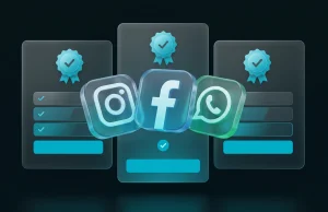 Графічне представлення рівнів підписок Meta для Instagram, Facebook та WhatsApp у фірмовому стилі з ефектом матового скла