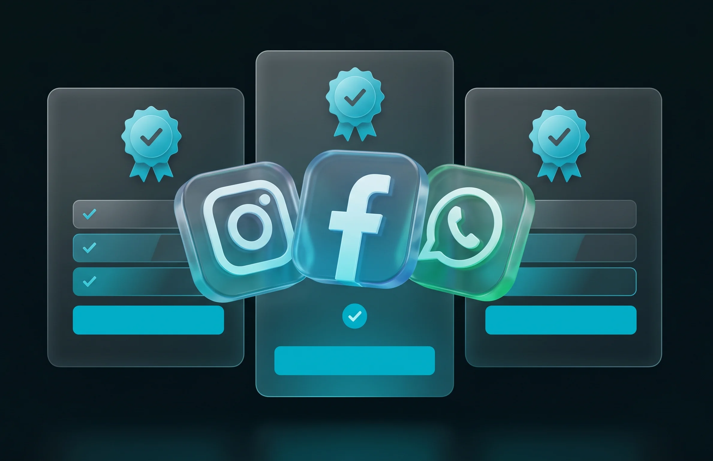 Графічне представлення рівнів підписок Meta для Instagram, Facebook та WhatsApp у фірмовому стилі з ефектом матового скла