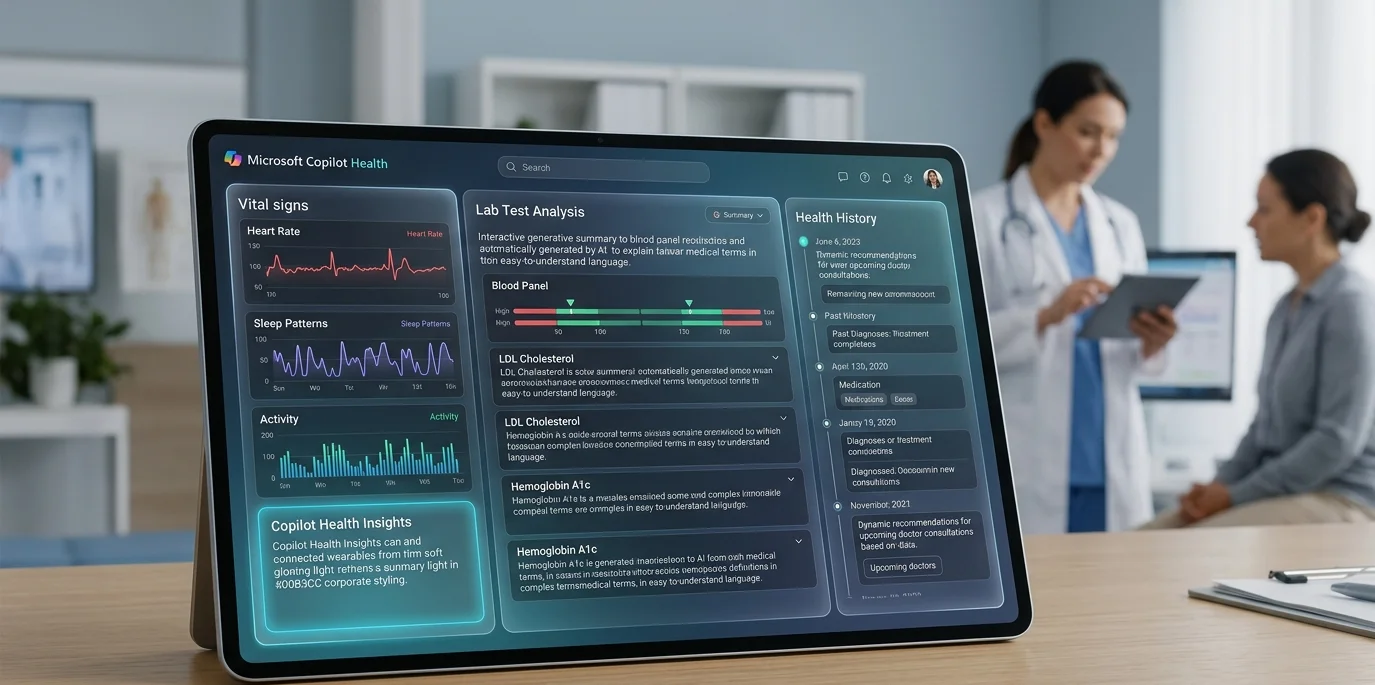 Інтерфейс програми Microsoft Copilot Health на планшеті із графіками здоров'я та аналізами крові