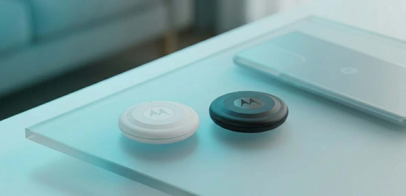 Bluetooth-трекер Moto Tag 2 у двох кольорах на фоні сучасного смартфона