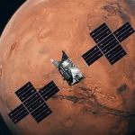 Космічний апарат NASA Psyche на тлі планети Марс під час гравітаційного маневру