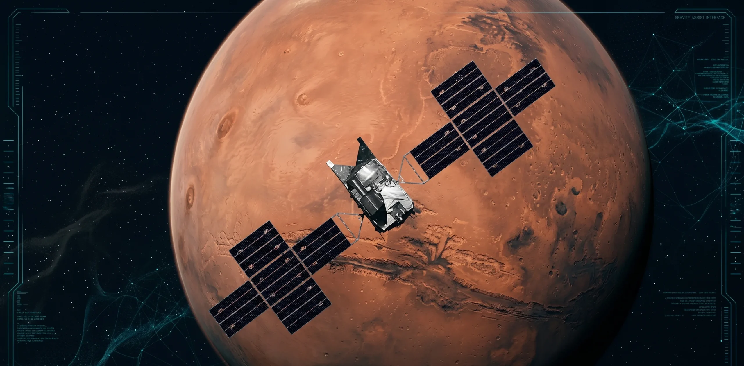 Космічний апарат NASA Psyche на тлі планети Марс під час гравітаційного маневру