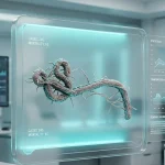 3D-візуалізація структури вірусу Ебола на екрані лабораторного обладнання в інтер'єрі сучасного наукового центру