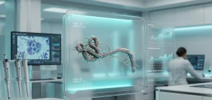 3D-візуалізація структури вірусу Ебола на екрані лабораторного обладнання в інтер'єрі сучасного наукового центру
