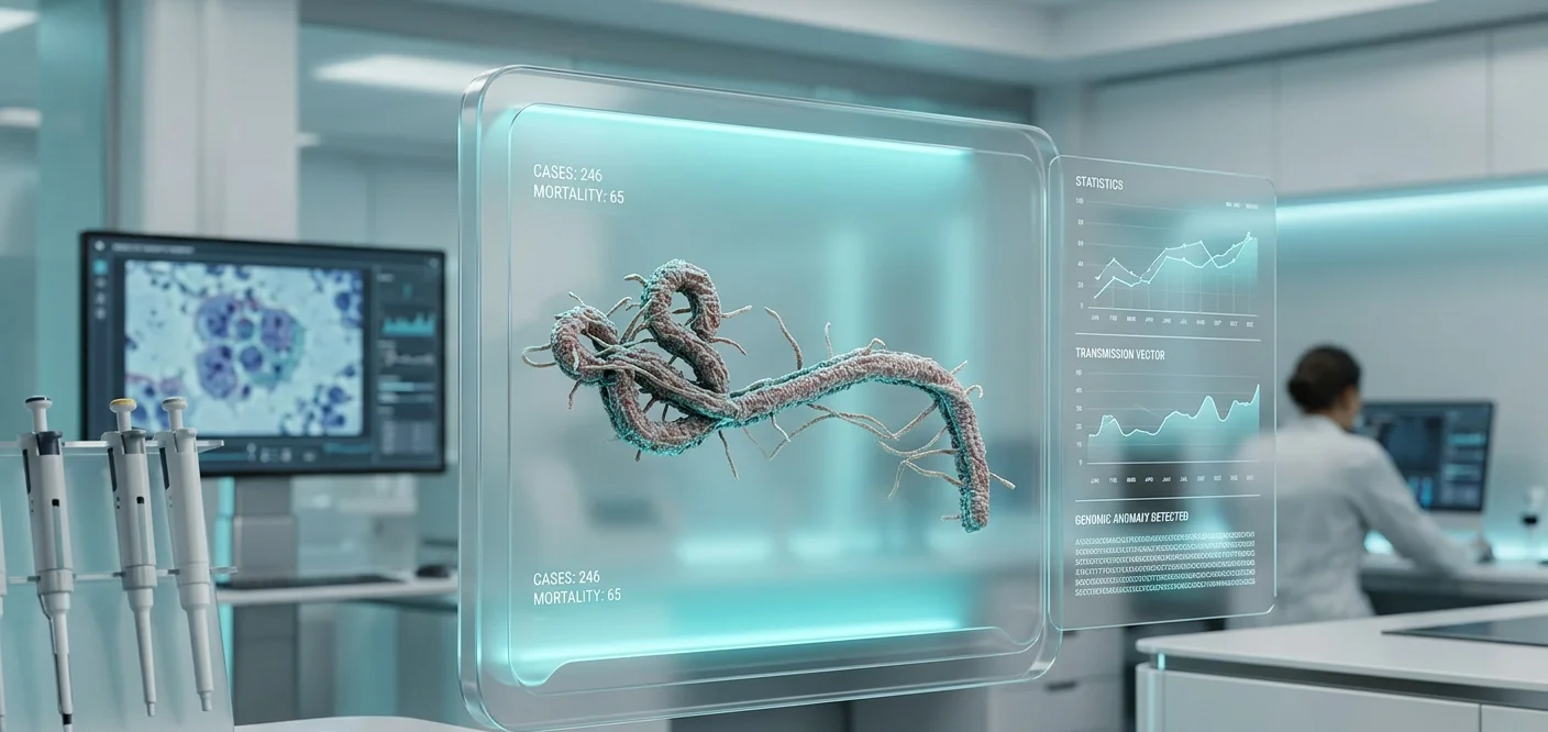 3D-візуалізація структури вірусу Ебола на екрані лабораторного обладнання в інтер'єрі сучасного наукового центру