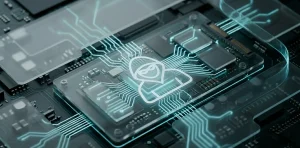 Концептуальне зображення мікросхеми SSD накопивача з елементами кібербезпеки та захищеними полями
