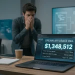Шокований розробник дивиться на екран ноутбука з рахунком від OpenAI на суму 1348512 доларів