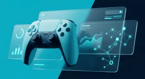A premium minimalist illustration featuring a stylized gaming controller within a sleek glassmorphic interface with corporate charts