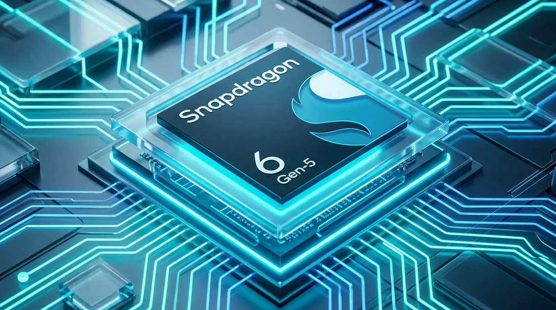 Процесор Snapdragon 6 Gen 5 на футуристичній материнській платі з неоновим підсвічуванням