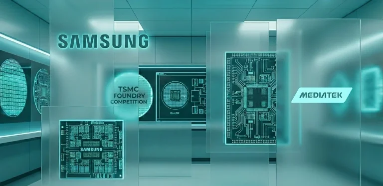 Концептуальное изображение полупроводниковой индустрии с логотипами Samsung и MediaTek