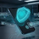 Сучасний смартфон із захисним голографічним щитом ціанового кольору на фоні серверних стійок, що символізує захист SIM-карти та кібербезпеку фінансового номера