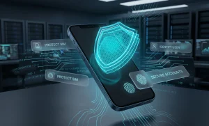 Сучасний смартфон із захисним голографічним щитом ціанового кольору на фоні серверних стійок, що символізує захист SIM-карти та кібербезпеку фінансового номера