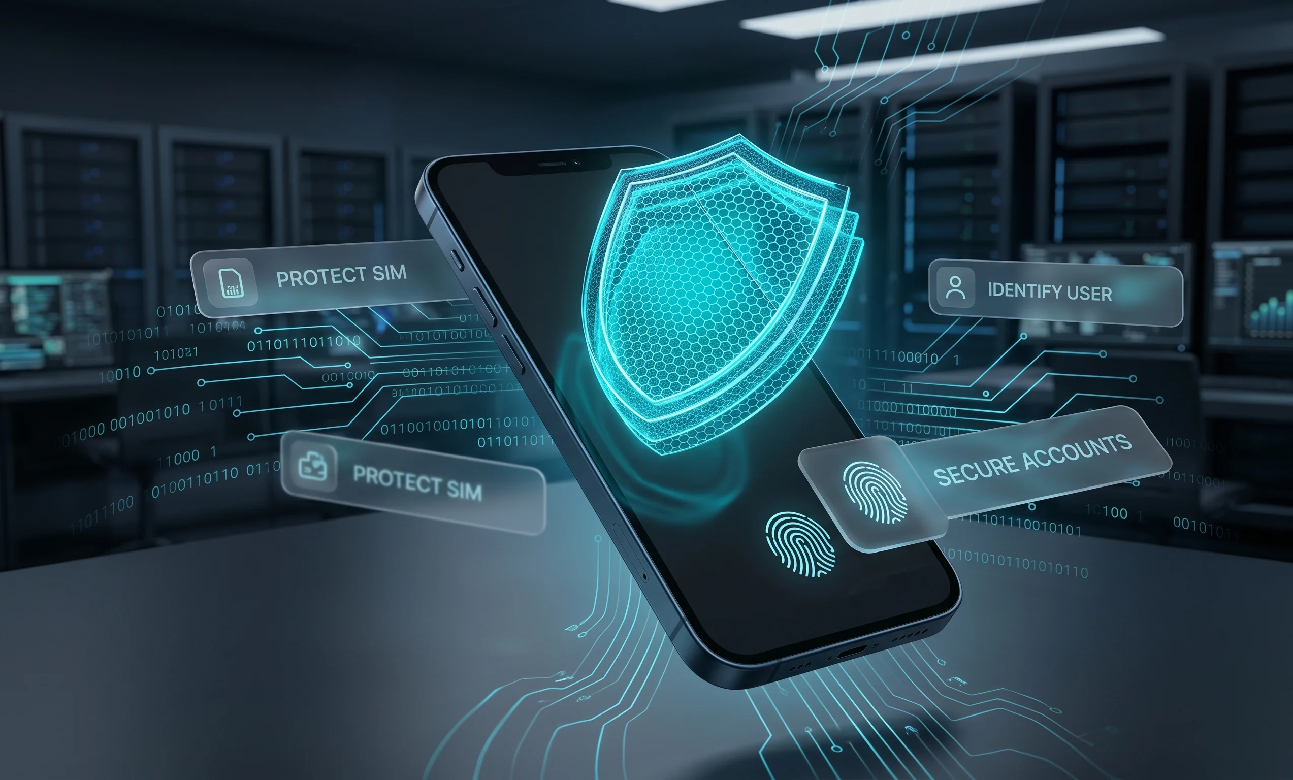 Сучасний смартфон із захисним голографічним щитом ціанового кольору на фоні серверних стійок, що символізує захист SIM-карти та кібербезпеку фінансового номера