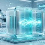 Концептуальна схема будови твердотільної літій-металевої батареї майбутнього з синіми світловими лініями енергетичних потоків