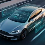 Футуристичне Tesla Robotaxi з інтерфейсом аналізу даних про безпеку