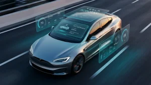 Футуристичне Tesla Robotaxi з інтерфейсом аналізу даних про безпеку