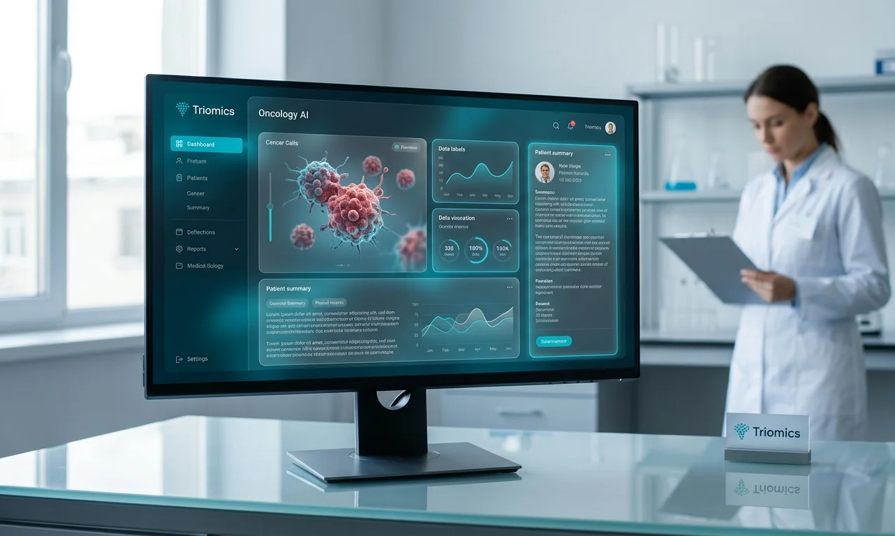 Інтерфейс медичної ШІ-платформи Triomics Oncology AI на моніторі комп'ютера в лабораторії