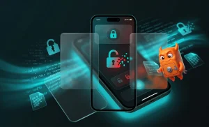 Graphical representation of a data breach from a smartphone with a broken lock symbol