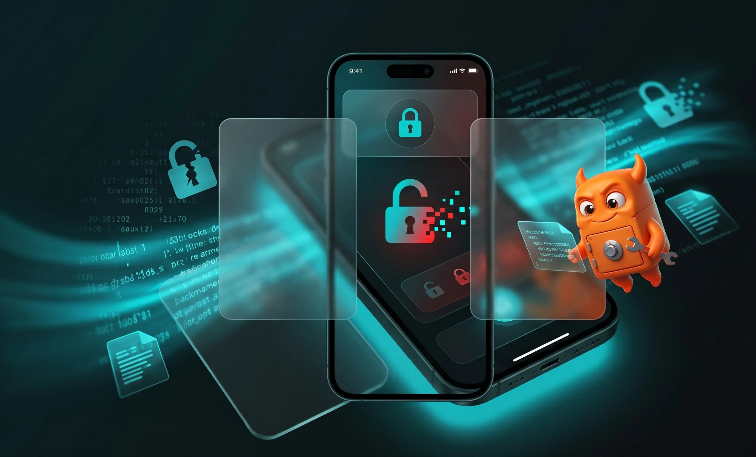Графічне представлення витоку даних зі смартфона із символом зламаного замка