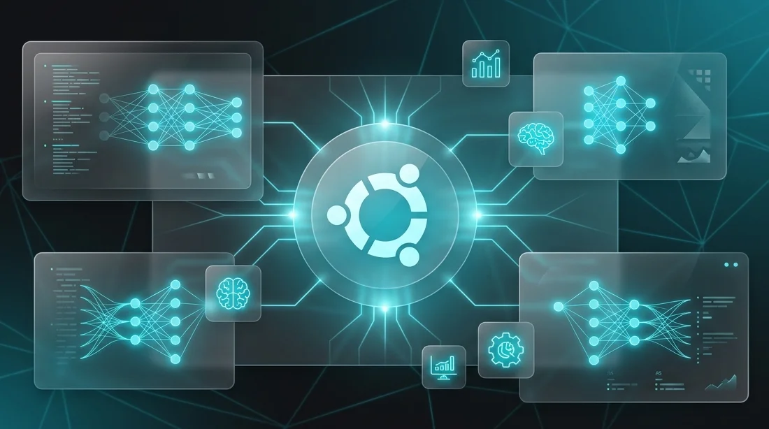 Інтерфейс Ubuntu з візуалізацією нейронної мережі та логотипом ШІ